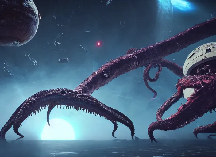 Prompt: a giant corrupted lovecraftian space kraken eating a huge orbital space station, space battle, epic scale, epic scene, hype realistic, volumetric lighting, cosmic horror, Art station, Octane render, Unreal Engine 3D