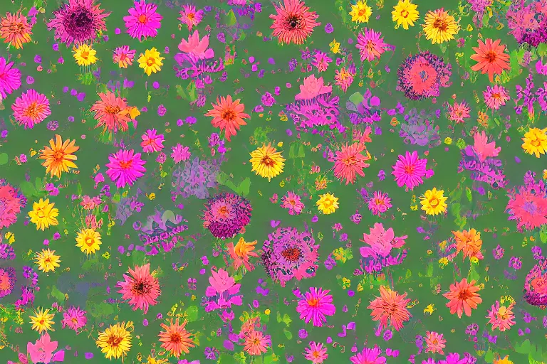 Image similar to in the style of neurographic drawing of a field of flowers