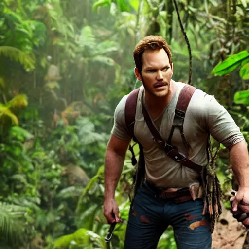 Prompt: Chris Pratt playing India Jones, crossing a rope bridge across a huge chasm in the jungle, machete in hand