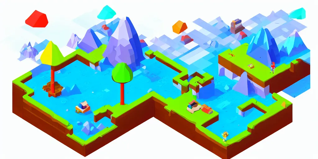 Image similar to an isometric colorful videogame world, epic mountains, azure ocean in the background, blocks