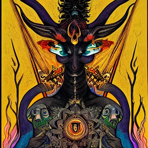 Prompt: a detailed occult painting of baphomet in the style of Miyazaki, prismatic lighting, studio ghibli, ornate, maximalist, exquisite detail, rich colors, charred black background