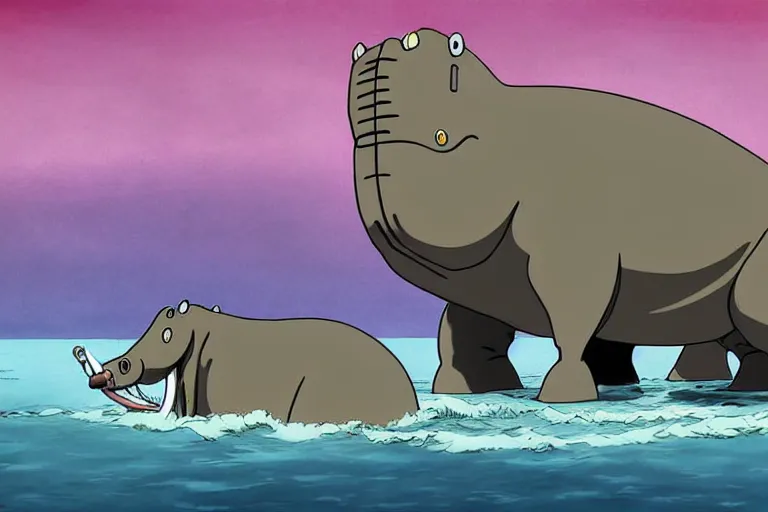 Image similar to cell shaded cartoon of a giant lovecraftian mechanized grey hippo from howl's moving castle ( 2 0 0 4 ), in an african river, full body, wide shot, very muted colors, post grunge, studio ghibli, highly detailed, deviantart, art by artgem