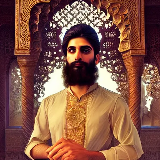 Image similar to Beautiful portrait of a Persian Prince who is an architect, handsome, face painting, attractive young man, architecture, dramatic lighting, intricate, wild, highly detailed, digital painting, artstation, persian style architecture, concept art, smooth, sharp focus, illustration, art by artgerm and greg rutkowski and alphonse mucha, footage from space camera