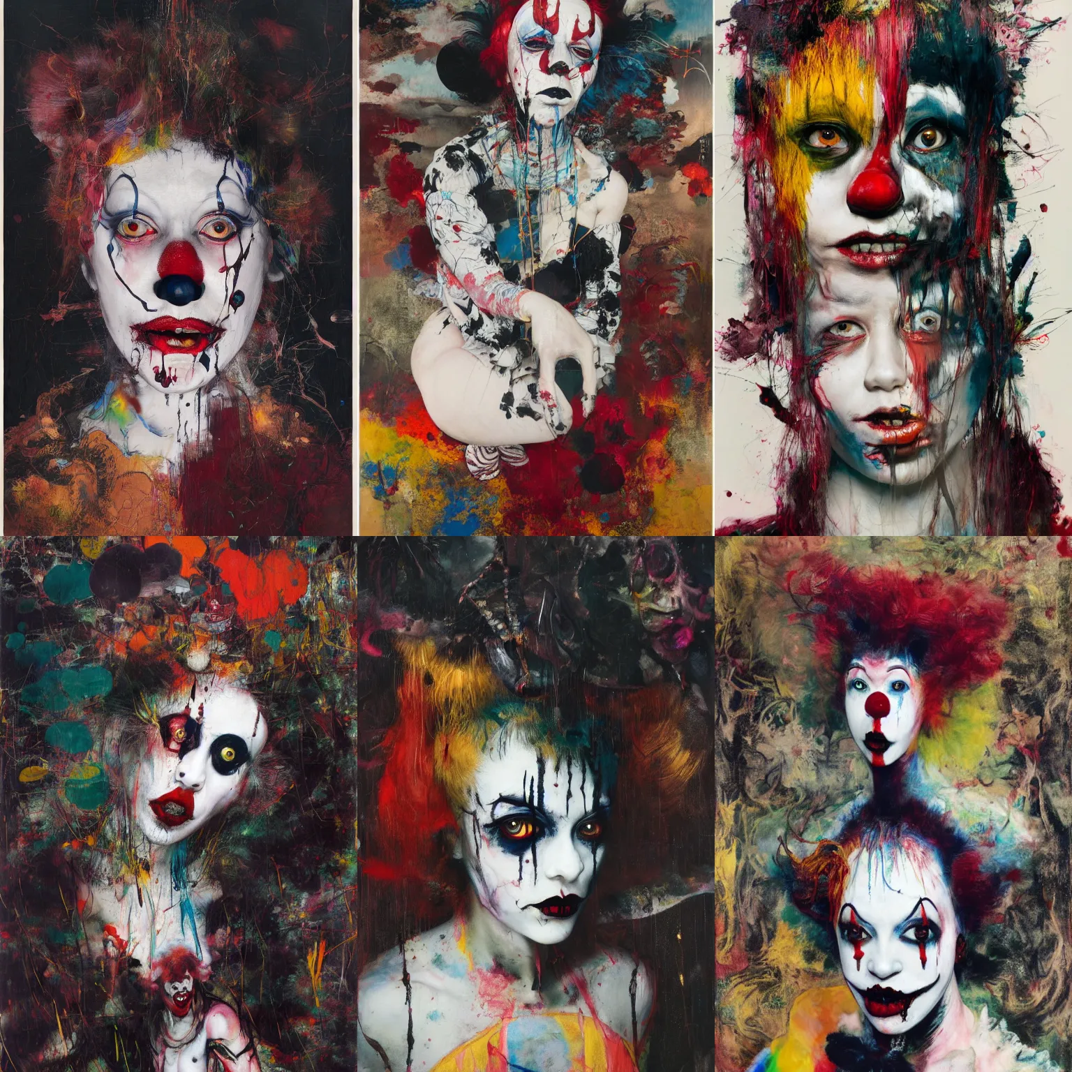 Image similar to clown girl, gothic, rich deep colours, painted by francis bacon, adrian ghenie, james jean and petra cortright, part by gerhard richter, part by takato yamamoto. 8 k masterpiece