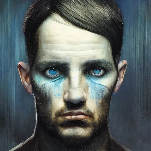 Image similar to surreal portrait of a man by Greg Rutkowski, symmetrical face, he is about 30 years old, short black hair with bangs, his features are a mix between French, Turkish and Russian, transformed into a kind of biomechanical transhuman god, blue glowing eyes, expression of epiphany and determination, cosmic void background, frightening, fascinating, highly detailed portrait, digital painting, book cover, artstation, concept art, smooth, sharp foccus ilustration, Artstation HQ