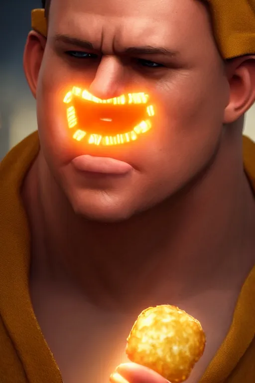 Image similar to channing tatum in a tater tot costume, tater tot face, ef 8 5 mm f 1. 8 usm, bionic scifi alexandre ferra, hyper detailed, digital art, trending in artstation, cinematic lighting, studio quality, smooth render, unreal engine 5 rendered, octane rendered