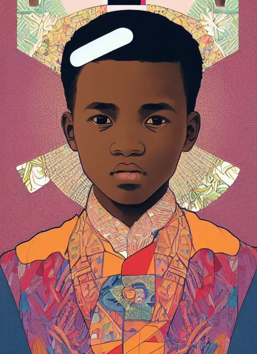 Prompt: colourful upper half portrait of an african boy - in japanese retro poster illustration style, magazine collage art by hsiao - ron cheng & alphonse mucha, magazine collage, highly detailed, digital painting, illustration, smooth, sharp focus, intricate, clustered, busy, pinterest, behance,