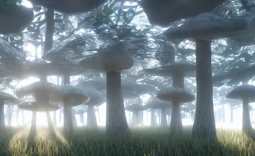 Prompt: a photography from cristal clear mushroom, god rays, raytracing effects, 8 k, photorealistic, 2 4 mm