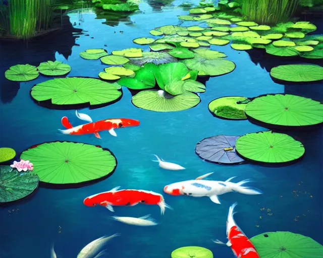 Image similar to Digital painting of koi pond, lotus flowers, dark blue water, green lily pads, goldfish, a fantasy digital painting by makoto shinkai and Alena Aenami, trending on artstation,