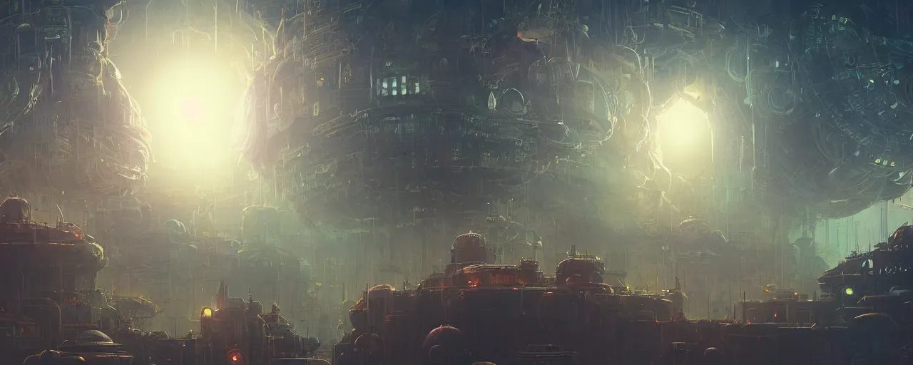 Image similar to ” outer planet with thick fog and steampunk structures, [ cinematic, detailed, epic, widescreen, opening, establishing, mattepainting, photorealistic, realistic textures, octane render, art by paul lehr ] ”