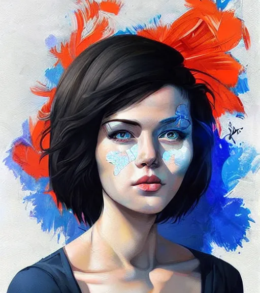 Prompt: portrait of a young beautiful female with blue short hair and blue eyes artwork by Sandra Chevrier, metaverse, artstation