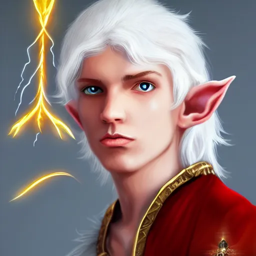 Image similar to Beautiful white haired aged fair skinned scholar elf with spell scroll and lightning background, realism, digital painting, detailed artwork, portrait, mythical, artstation