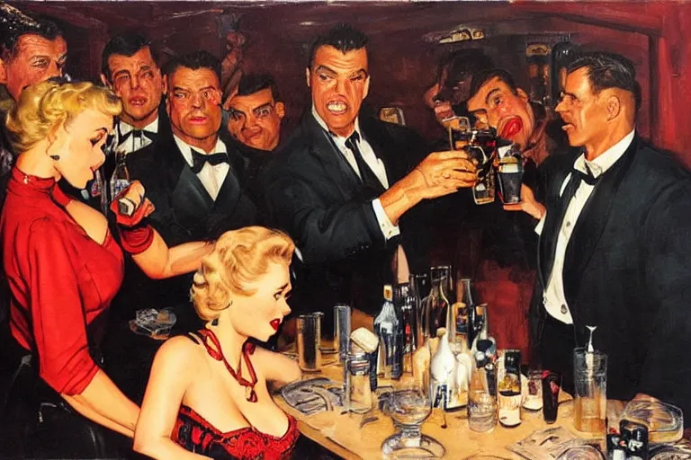 Prompt: rich piana dressed as a gangster is offered a drink at a 1 9 5 0 s party by a slim young lady, painted by phil hale and rick berry and dean cornwell and norman rockwell and jack kirby and jeremy mann