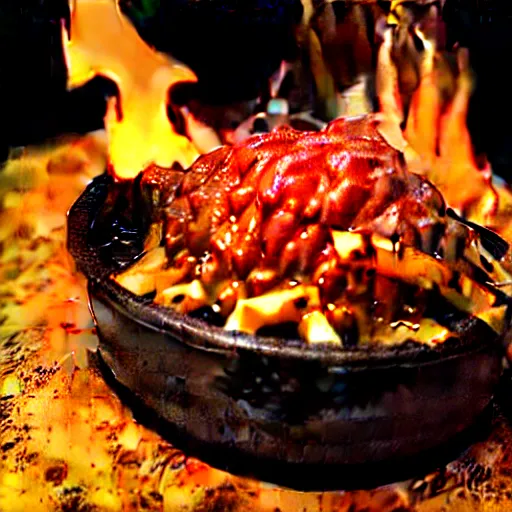 Prompt: highly detailed poutine from mount doom, lava texture, fire texture, volcano texture, smoke texture, char texture