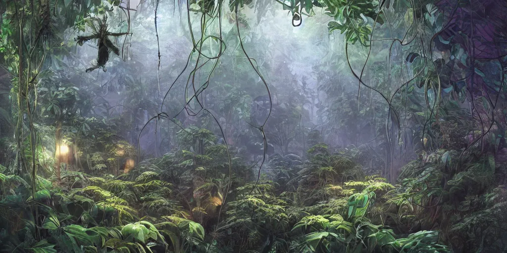 Image similar to A exhuberant tropical jungle, by studio ghibli, michelangelo and raphael, lurking glowing eyes in the dark, biopunk, dna biology experiment, hanging vines, highly detailed, overgrown vegetation, mosh on the trees, digital painting, matte painting, concept art, illustration, oppressive lighting, trending on artstation, very detailed, chiaroscuro,