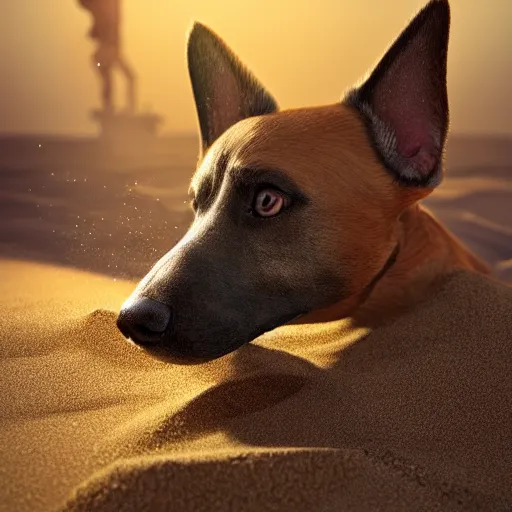 Image similar to dog eating sand, stylized, artstation, hd, cgsociety, cgi, digital illustrations and arts, realistic, dramatic, cinematic, artistic, famous, detailed