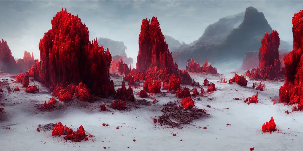 Image similar to a epic landscape full of big red crystals spikes emerging from the ground, concept art, octane render, unreal engine 5, trending on artstation, greg rutkowski, hyperrealistic, highly detailed, high quality, 8 k, dramatic lighting, cinematic, high coherence, high contrast, digital art, high definition, path traced, night