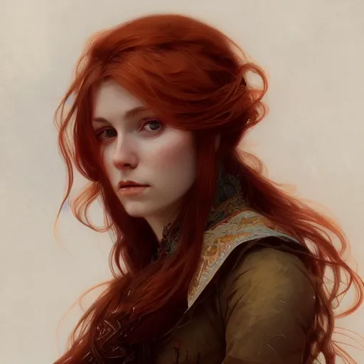 Image similar to A full portrait of Nordic female, 30 years old, brown red long hair, intricate, elegant, highly detailed, digital painting, artstation, concept art, smooth, sharp focus, illustration, art by Krenz Cushart and Artem Demura and alphonse mucha