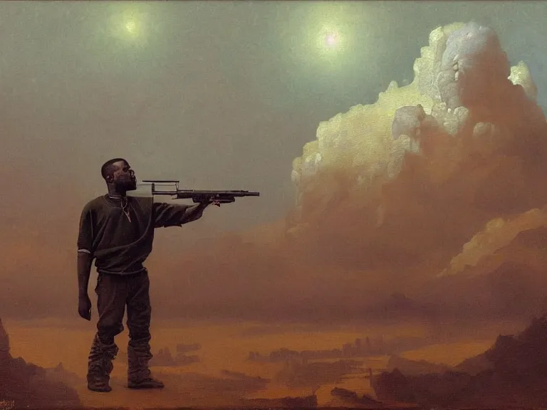 Prompt: a detailed profile oil painting of kanye west holding a gun, aurora lighting clouds and stars by beksinski carl spitzweg and tuomas korpi. intricate artwork by caravaggio. Trending on artstation. 8k