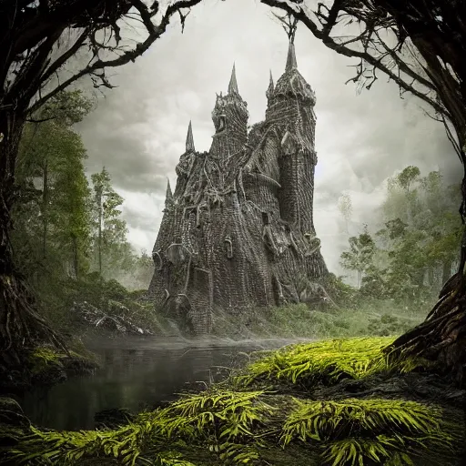 Image similar to full body pose, hyperrealistic photograph of the black castle of rotbog swamp, dim volumetric lighting, 8 k, octane beautifully detailed render, extremely hyper detailed, intricate, epic composition, cinematic lighting, masterpiece, trending on artstation, very detailed, stunning, hdr, sharp focus, high resolution, award, winning photo, dslr, 5 0 mm