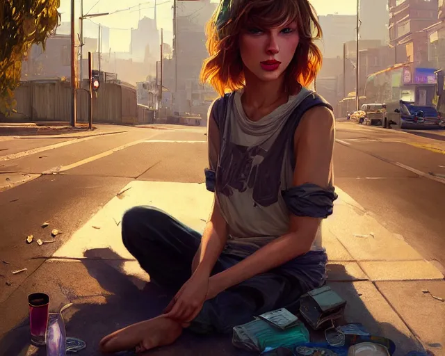 Prompt: Highly detailed portrait of homeless Taylor Swift barefooted, in GTA V, Stephen Bliss, unreal engine, fantasy art by Greg Rutkowski, Loish, Rhads, ferdinand knab, Makoto Shinkai and Lois van baarle, ilya kuvshinov, rossdraws, Tom Bagshaw, global illumination, radiant light, detailed and intricate environment