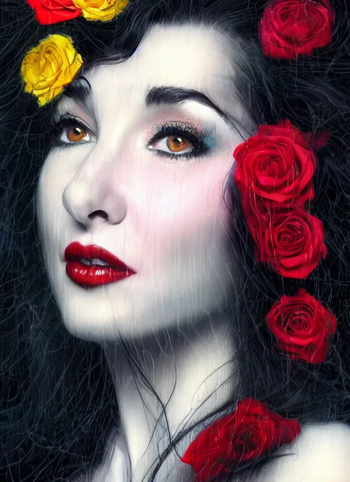 Image similar to portrait of kate bush against a neon multicolored background, lush black hair, pale skin, white and red roses, flowing material, intricate, beautiful cinematic lighting, stunning painting by artgerm, norman rockwell, android jones, wadim kashin