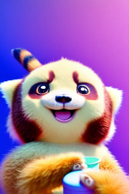 Prompt: high quality 3 d render hyperrealist very cute pastel fluffy! red panda & kaola hybrid eating giant ice cream full body, vray smooth, in the style of detective pikachu, hannah yata charlie immer, very dramatic violet light, low angle, uhd 8 k, shallow depth or field