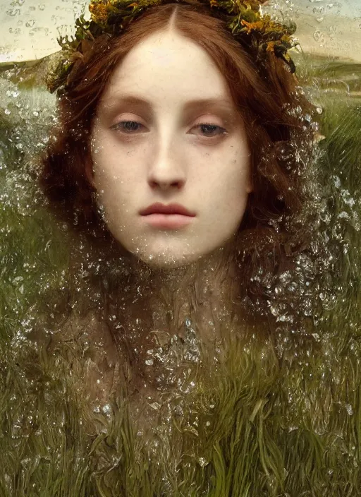 Image similar to portrait photography of a beautiful woman how pre-Raphaelites by Giovanni Gastel britt marling style 3/4with her eyes closed,inspired by Ophelia Millais Paint , the face emerges from water of Pamukkale, underwater face, the hair are intricate with highly detailed realistic beautiful brunches and flowers like crown, anatomical real full body dressed ethereal lace dress floating in water surface , Kodak Portra 400, 8K, soft light, volumetric lighting, highly detailed, britt marling style 3/4 ,, Refined, Highly Detailed, outdoor soft pastel lighting colors scheme, outdoor fine art photography, Hyper realistic, photo realistic