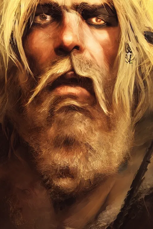 Image similar to blonde wild hair beard man, pirate eye - patch, playing guitare, close - up portrait, powerfull, intricate, elegant, volumetric lighting, scenery, digital painting, highly detailed, artstation, sharp focus, illustration, concept art, ruan jia, steve mccurry