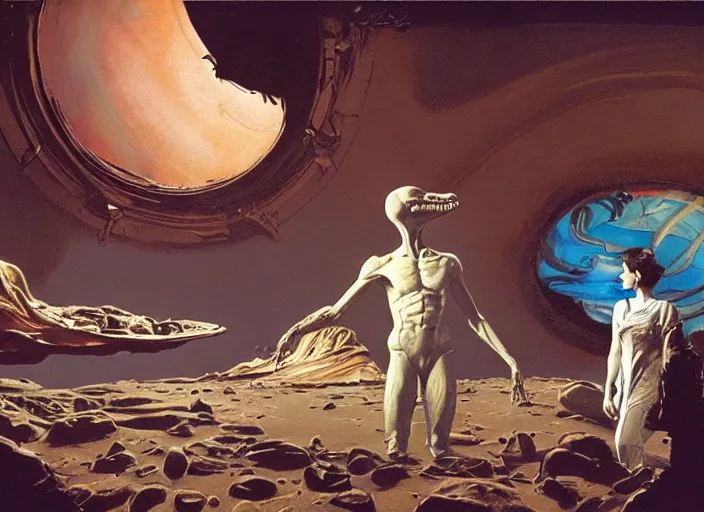 Prompt: a still from the film alien and prometheus by francis bacon, surreal, norman rockwell and james jean, greg hildebrandt, and mark brooks, triadic color scheme, by greg rutkowski, in the style of francis bacon and syd mead and edward hopper and norman rockwell and beksinski, dark surrealism, open ceiling