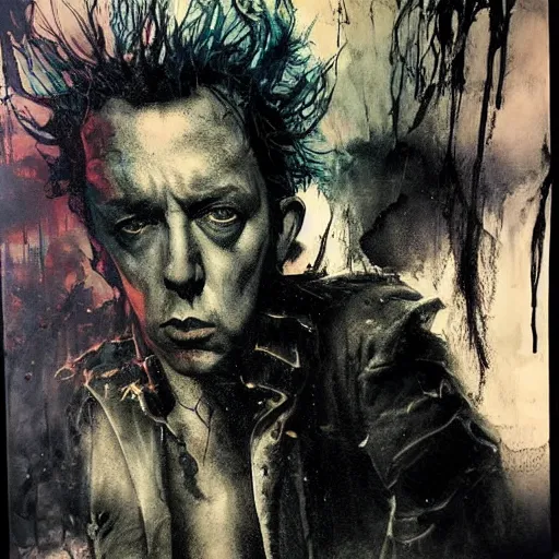 Image similar to stunning portrait of gaunt joe strummer a ( the cure fan ) as dream from sandman, dim stars as eyes, by jeremy mann, by cedric peyravernay, by by russ mills, by richard avedon and ben templesmith, dramatic lightning, sadness, dark eye sockets, in the shadows, punk rock, gothic, high detailed, 8 k