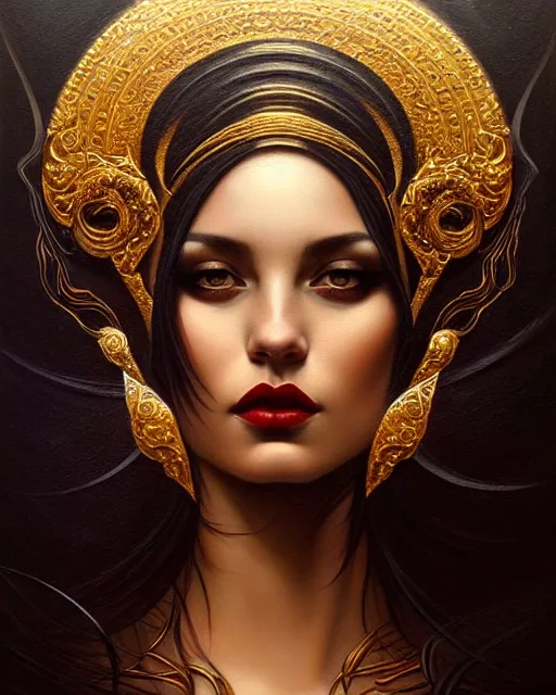 Image similar to portrait of a beautiful goddess, enigmatic beauty, dominant shades of black, gold silver, dark red, white, head in focus, fantasy art, ornamental aesthetics, intricate, elegant, highly detailed, hyperrealistic, artstation, concept art, soft illumination, painterly, sharp focus, by karol bak