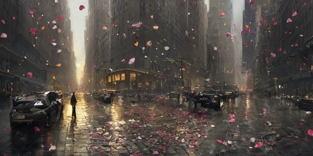 Prompt: raining flower petals in manhattan, dim volumetric lighting, 8 k octane render, hdr, postprocessing, hyperdetailed, intricate, epic composition, cinematic lighting, masterpiece, trending on artstation, stunning art by anders zorn, extraordinary artwork by greg rutkowski