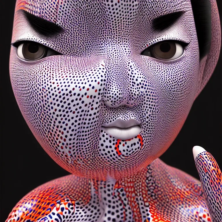 Image similar to hyperrealistic detailed image of a geisha in a art installation room, hd smooth interior by yayoi kusama, part by kei mieno, part by ross tran, dark art by james jean, ultra realistic, highly detailed, life like face, detailed body, 8 k, 3 d render by roger magrini, masterpiece