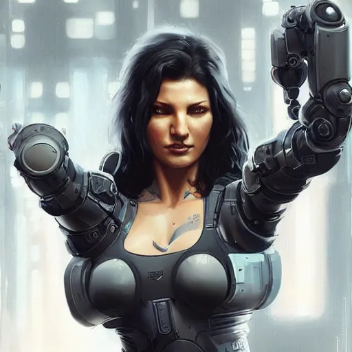 Prompt: gina carano with robotic cybernetic metallic grey left arm, casual pose, cyberpunk, digital painting, artstation, concept art, smooth, 8 k frostbite 3 engine, ultra detailed, art by artgerm and greg rutkowski and magali villeneuve