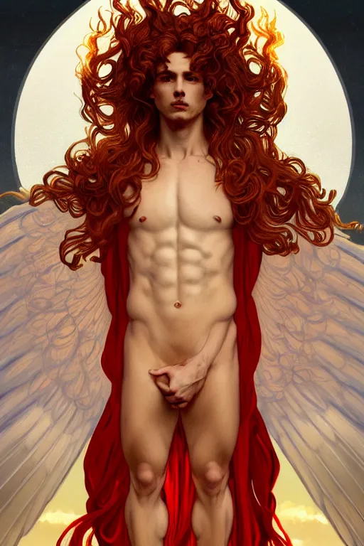 Prompt: symmetrical fullbody portrait of a beautiful young fit male angel with curly blond hairs, fulldressed in long fluent red clothes, majestic big demon wings, luminous fire halo, by greg rutkowski and alphonse mucha, gradient white to gold, in front of an hellish landscape background, highly detailed portrait, digital painting, artstation, concept art, smooth, sharp focus illustration