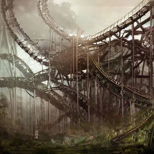 Prompt: abandoned theme park with large rollercoaster that has vines hanging from it, also a carusell with creepy look, matte painting, sharp focus, fog, hazy, heavy atmosphere, desaturated, highly detailed, artgerm, caravaggio, rutkowski