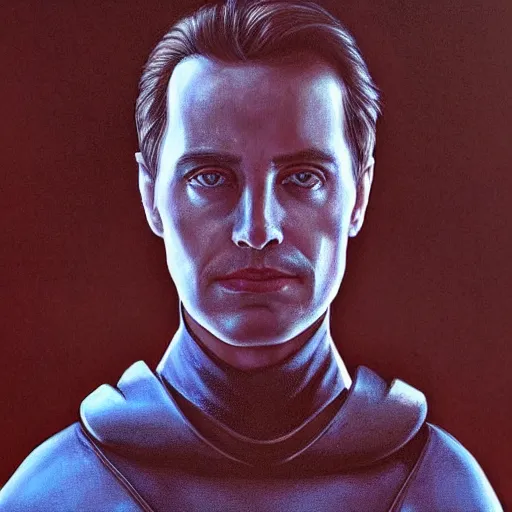 Image similar to realistic paul atreides emperor of the known universe, perfect dramatic and dark portrait by rabbitary b, trending on artstation, deviantart, dune, low angle oil painting and composition laws, dark foggy background, masculine man with thin lines on the face, completely blue eyes, denis villeneuve cinematography