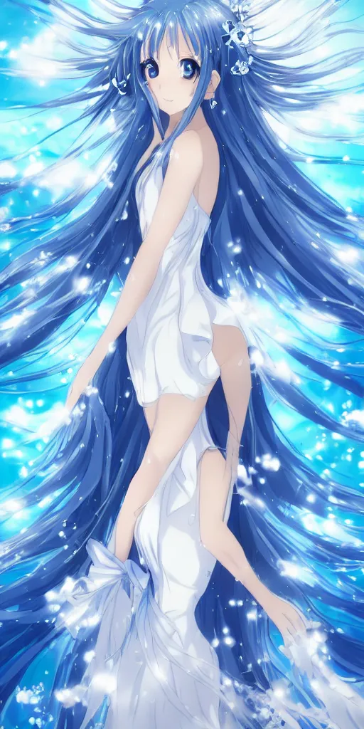 Image similar to a very beautiful anime girl wearing a elegant dress made of water standing in a azure blue crystal lake , full body, long white hair with azure blue highlights blending into the dress , azure blue watery eyes, full round face, seductive over the shoulder glances ,soft smile,tears, lens flare, cinematic lighting, medium shot, mid-shot, highly realistically detailed, trending on artstation, Unreal Engine 4k, Stanley Artgerm Lau, WLOP, Rossdraws, James Jean, Andrei Riabovitchev, Marc Simonetti, and Sakimichan
