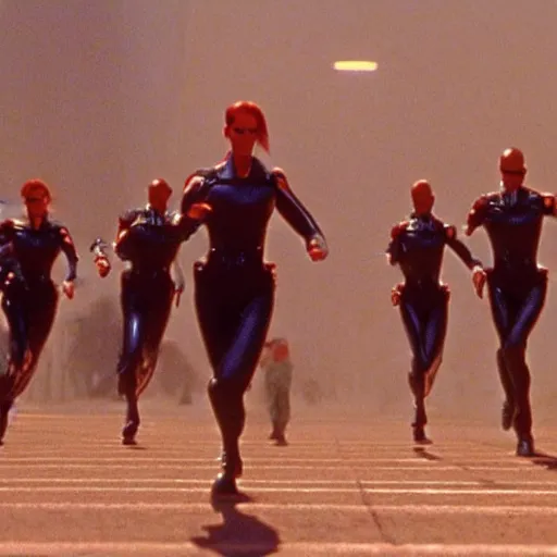 Image similar to The matrix, LeeLoo, Starship Troopers, Sprinters in a race, The Olympics footage with crowd cheering, intense moment, cinematic stillframe, shot by Roger Deakins, The fifth element, vintage robotics, formula 1, starring Geena Davis, clean lighting