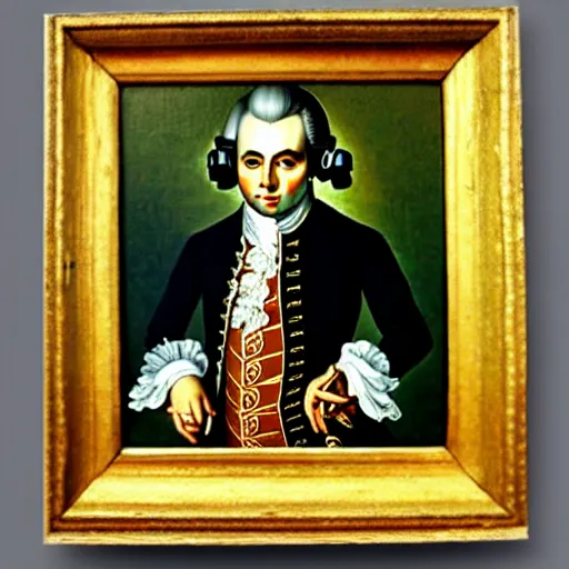 Image similar to mozart playing video games, old painting, highly detailed