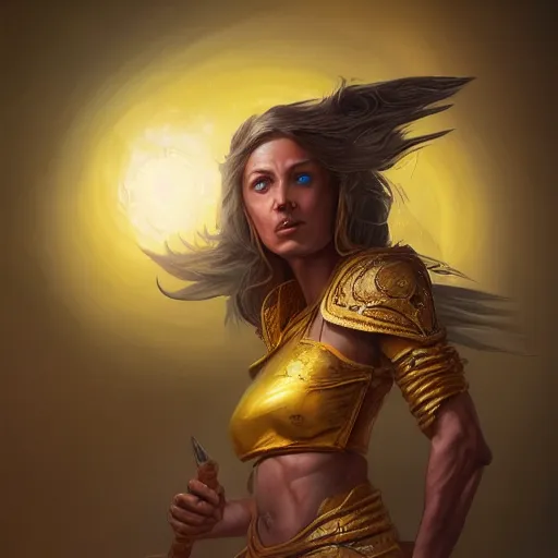 Image similar to a female Kender wearing a yellow jacked aiming her hoopak towards the viewer, oil painting, insanely detailed, Larry Elmore, Greg Rutkowski, Charlie Bowater, Fantasy Art, Dungeons and Dragons, Dragonlance Illustration, unreal 5, DAZ, hyperrealistic, octane render, RPG portrait, dynamic lighting, fantasy art, beautiful face