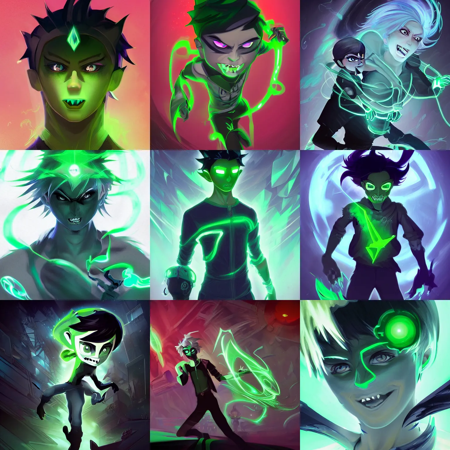 Image similar to A digital matte intricate illustration concept art of young Danny phantom with glowing green eyes and sharp teeth alt art fashion inspired art by Charlie Bowater and Artgerm and Mark Arian and Ross Tran + neon colors, wakfu colors + symmetry + greco-roman art, intricate complexity, epic composition, magical atmosphere, highly detailed, cinematic lighting + masterpiece, trending on artstation + 8k