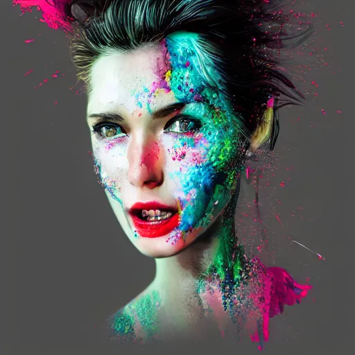 Image similar to women portrait made out of exploding paint, epic hair, octane render, highly detailed, realistic, comic book art