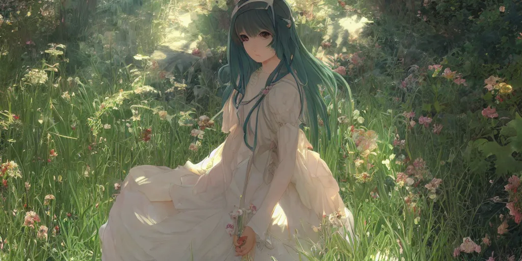 Image similar to a digital art of a loli with long hair in a dress in the privet garden at after noon, green and warm theme, by krenz cushart and mucha and akihito yoshida and greg rutkowski and makoto shinkai, detailed eyes, 4 k resolution 、 trending on art station