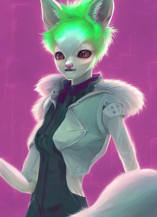 Prompt: beautiful portrait commission of a cute female pink furry anthro fennec fox fursona casual clothes in a futuristic mechanical laboratory. green hair. character design by charlie bowater, ross tran, artgerm, and makoto shinkai, detailed, inked, western comic book art