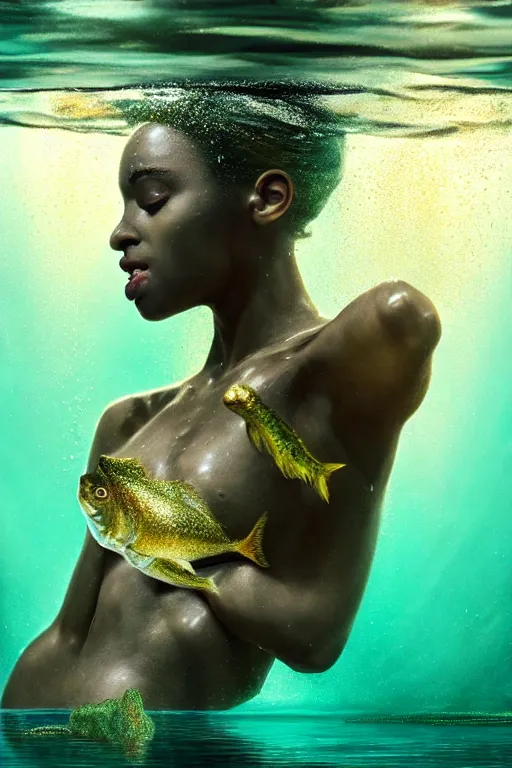 Prompt: hyperrealistic neo - modern cinematic half underwater scene with fish and algae, very expressive! translucent elegant african goddess getting out of water, gold jewerly, highly detailed face, digital art masterpiece, aykut aydogdu zener, dramatic volumetric light, long shot, low angle uhd 8 k, sharp focus