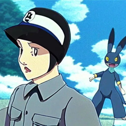Image similar to Hitler as a Pokemon in a Studio Ghibli film, 35 mm still, anime, realistic