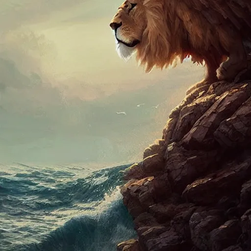 Image similar to A lion with eagle wings coming out of the sea , digital Art, Greg rutkowski, Trending artstation, cinematographic, hyperrealistic