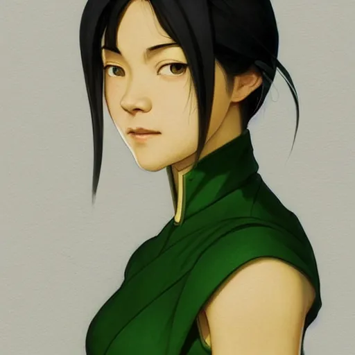 Image similar to Portrait of young Toph Beifong, blind, green dress, Avatar The Last Airbender, intricate, elegant, highly detailed, digital painting, artstation, concept art, smooth, sharp focus, illustration, art by artgerm and greg rutkowski and alphonse mucha and andrei riabovitchev